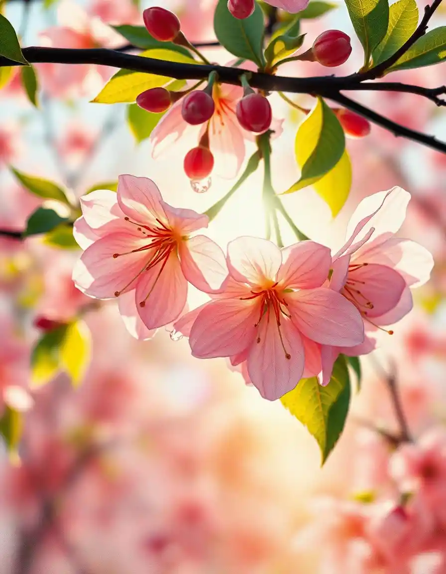 Close up watercolor flowers with morning sunlight droplets