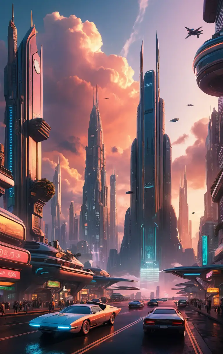 Horizonte de cidade futurista ao pôr do sol com carros voadores