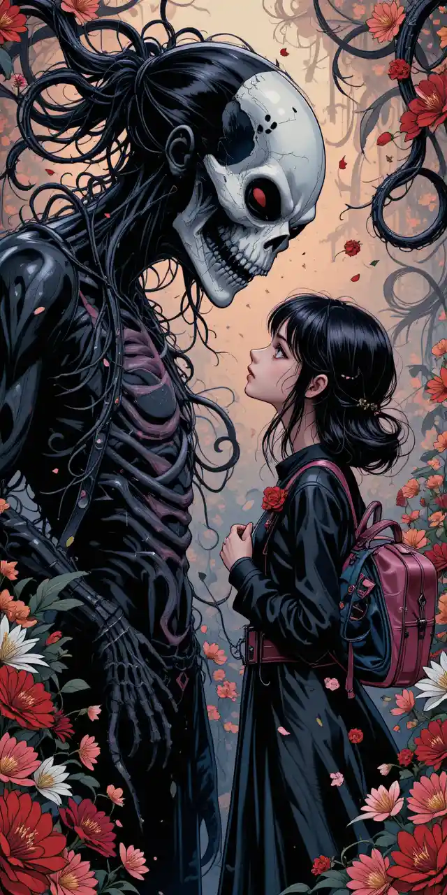 Creepy cute anime girl facing a smoky masked monster