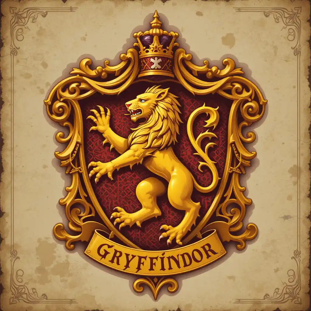 Majestuoso león dorado en escudo heráldico rojo y dorado