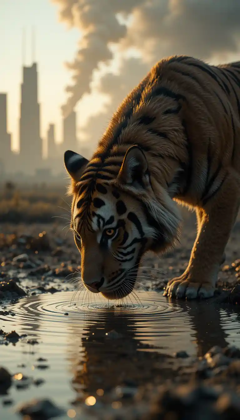Bengal tiger drinking from puddle in ruined city