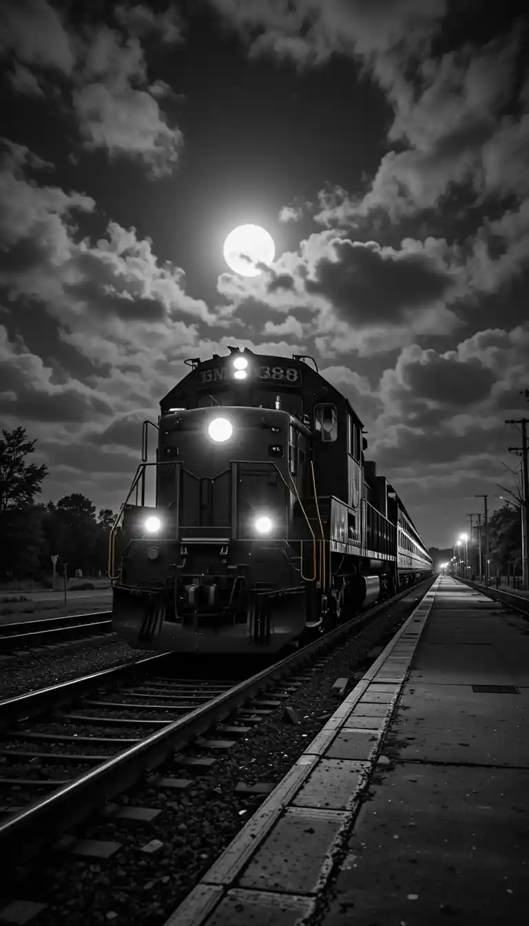 Diesel locomotive waiting on railway track at moonlit night