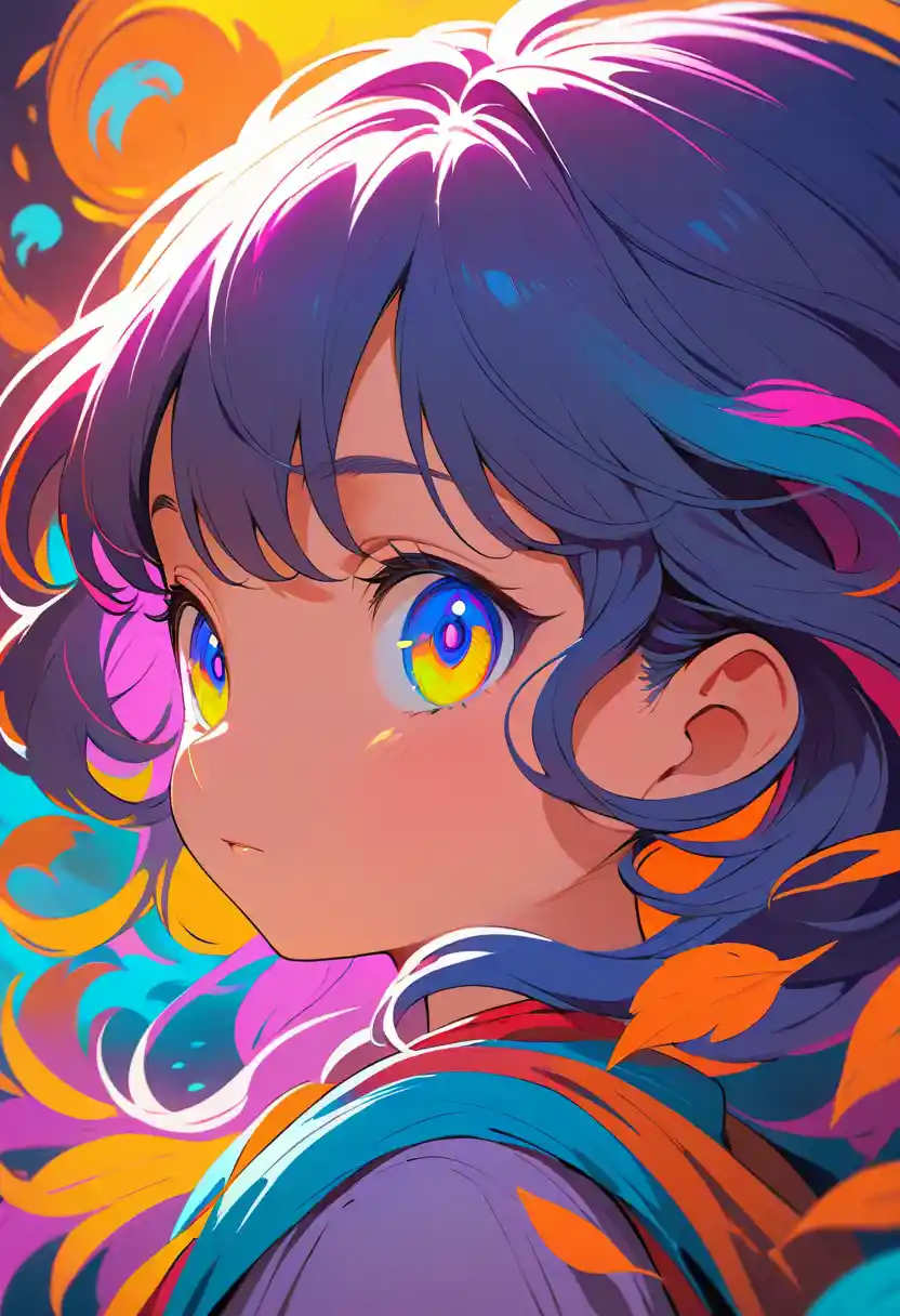 Whimsical anime girl on a simple colorful background