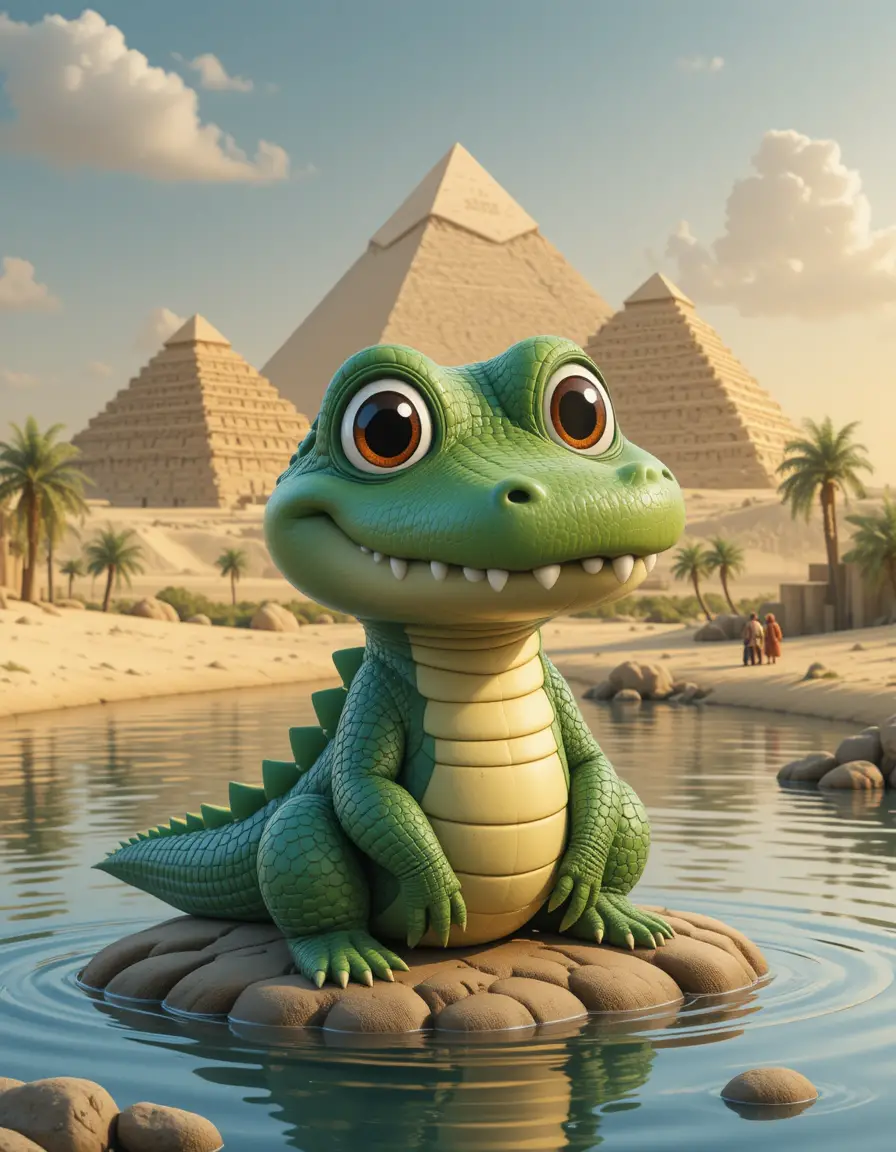 Cute 3D Nile crocodile by the river with pyramids