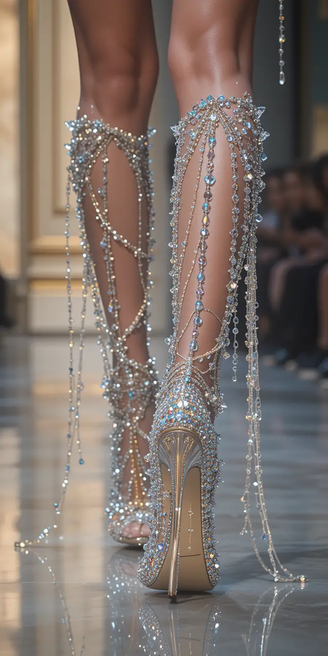 Runway model in crystal embellished futuristic high heel shoes