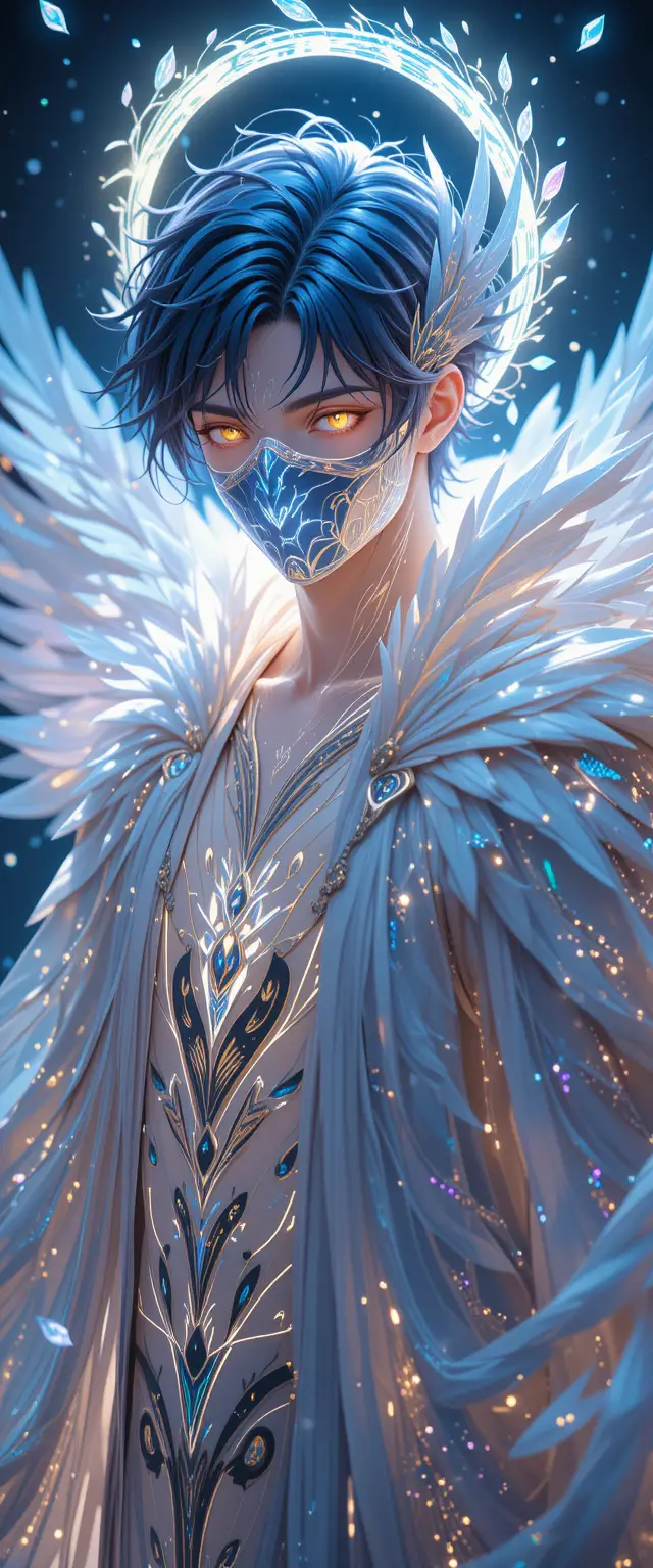 Anime paladin boy with halo and glowing feather robe
