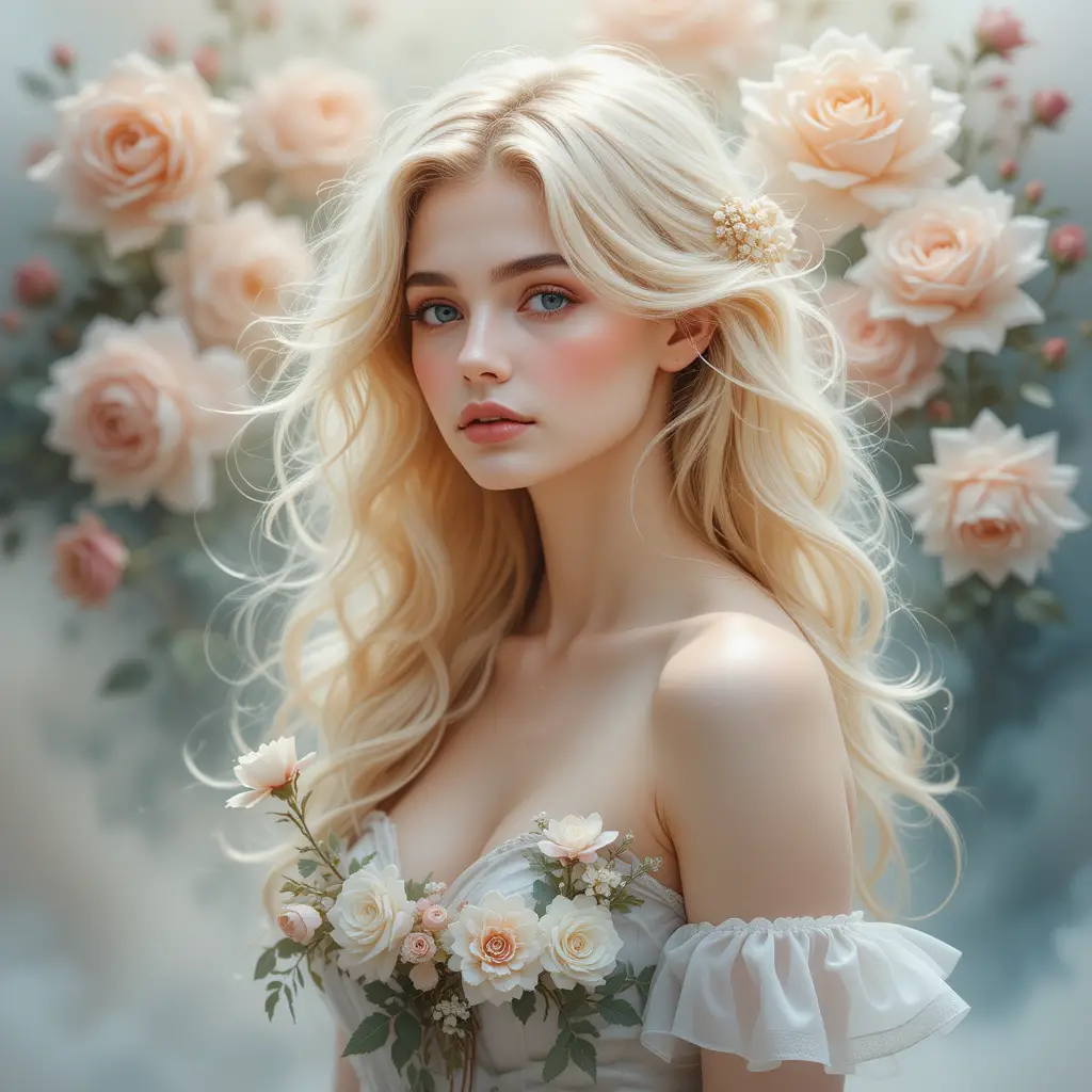 Romantic watercolor portrait of a blonde woman with roses
