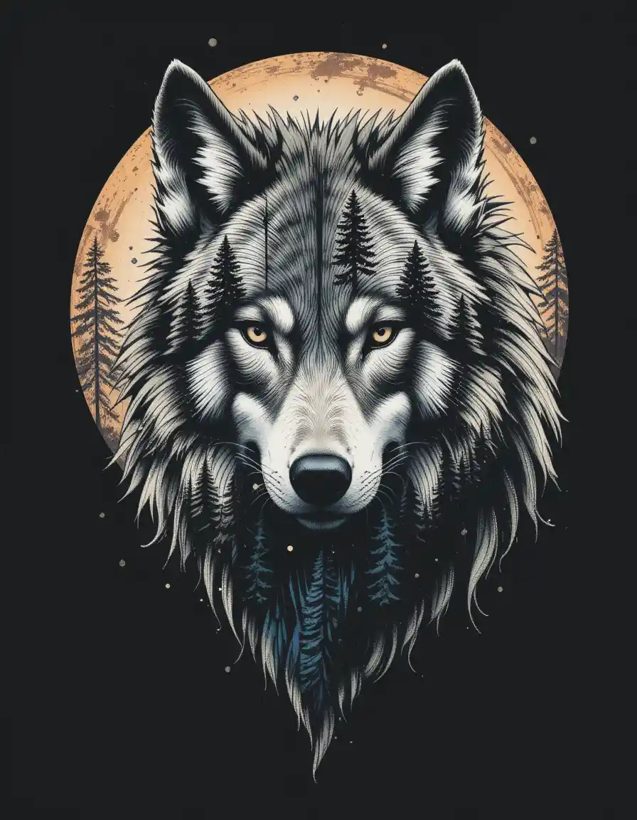 Wolf double exposure t shirt graphic with forest silhouette