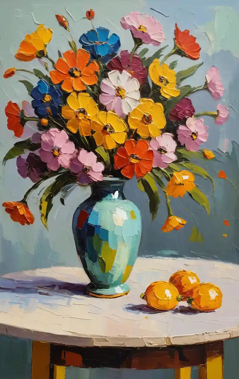 Impressionist oil painting of a flower vase on table