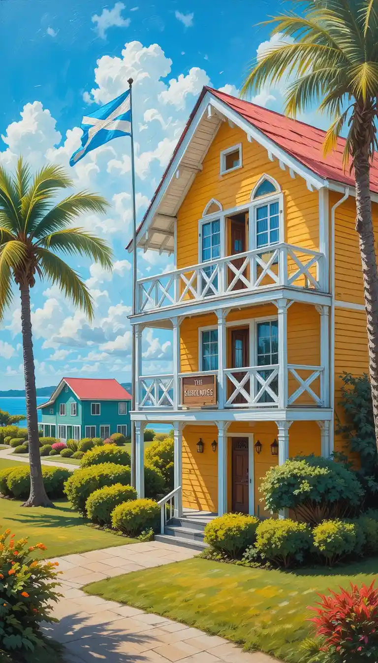 Colorful Tropical House Painting With Palm Trees And Flag