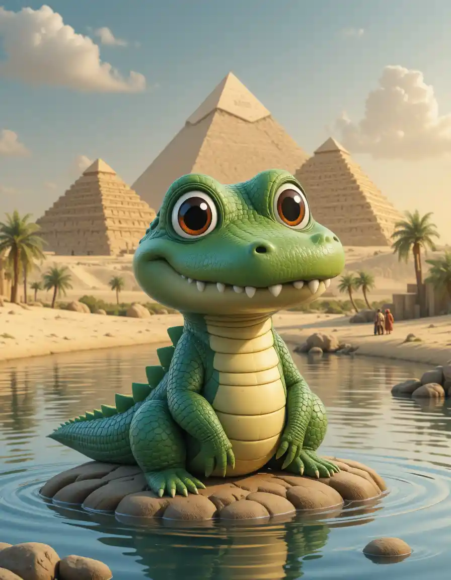 Dolce coccodrillo del Nilo 3D sul fiume con piramidi