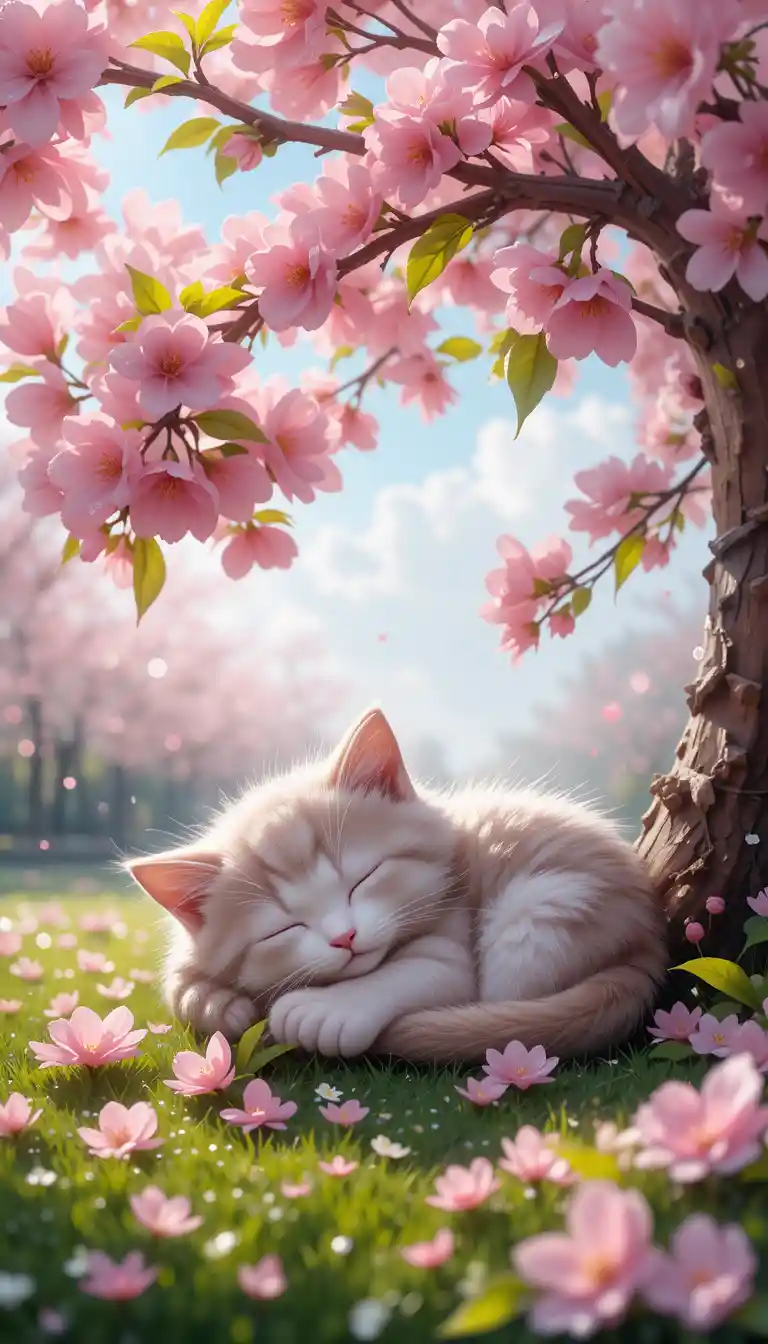 Sleeping kitten under soft pink cherry blossom petals