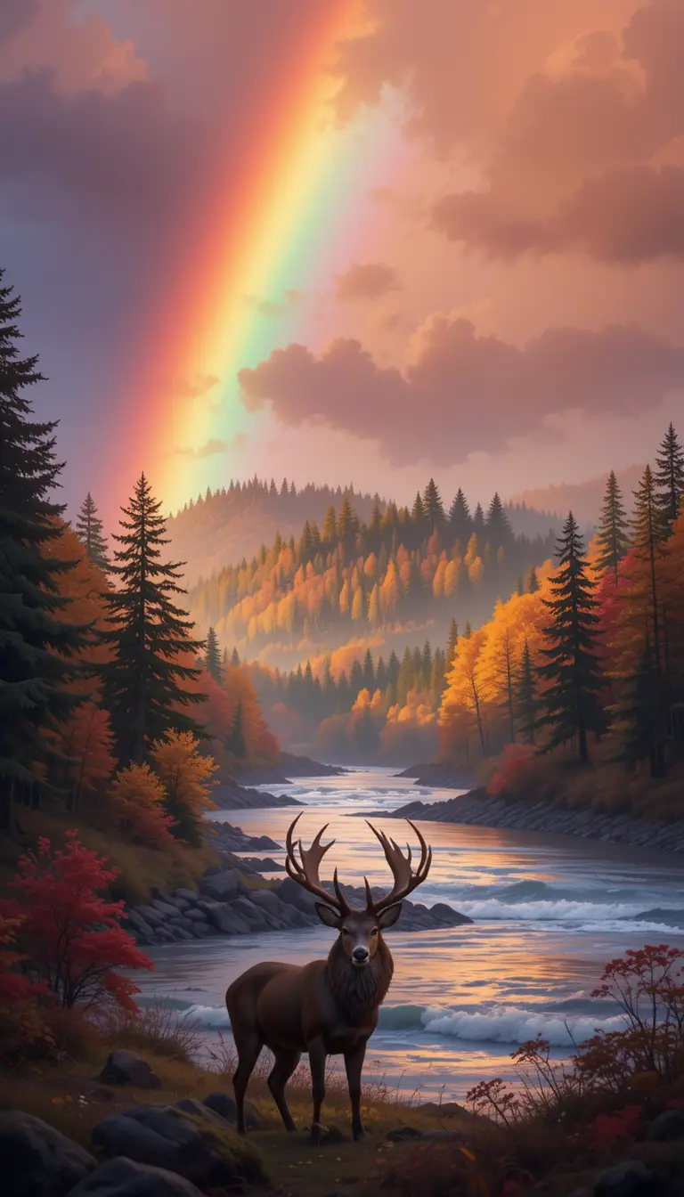 Colorful rainbow over river with deer and autumn forest