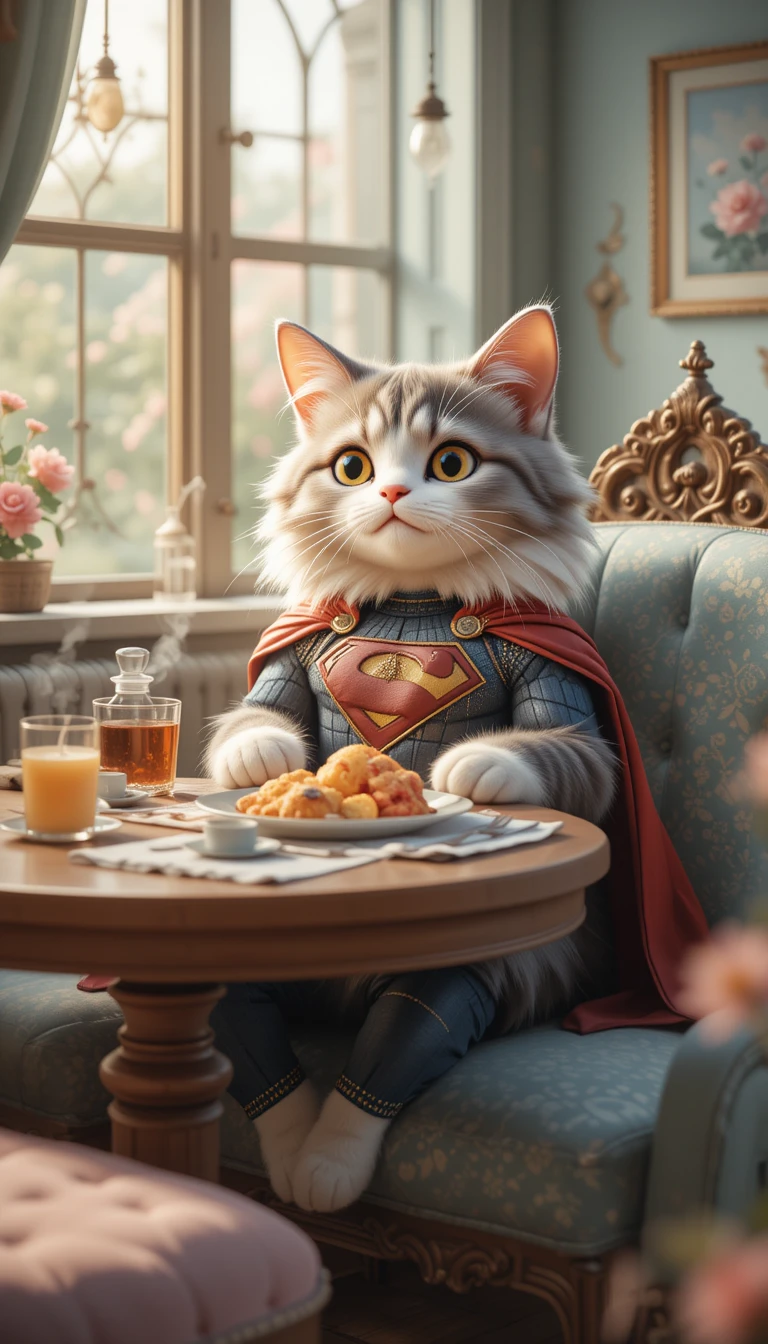 Gato Superhéroe con Estilo Relajándose en un Acogedor Rincón de Desayuno