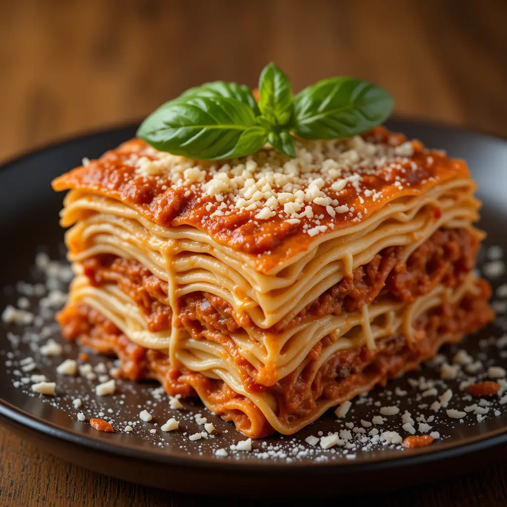Close up lasagna with melted cheese and basil garnish