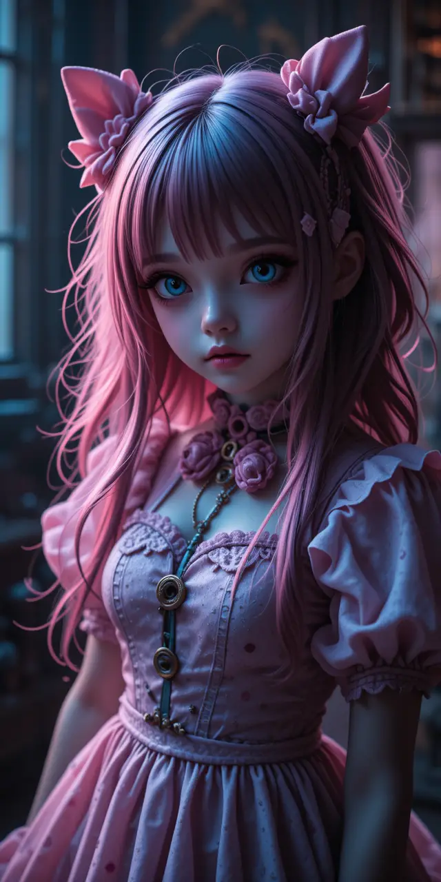 Ragazza anime vista attraverso drammatici angoli di ripresa cinematografici