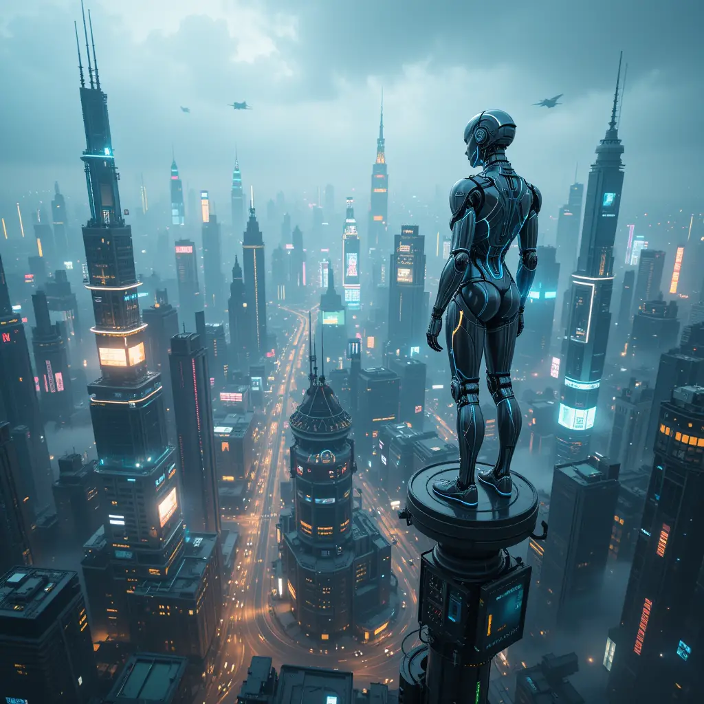 Futuristic Robot Overlooking Neon Cyberpunk Cityscape