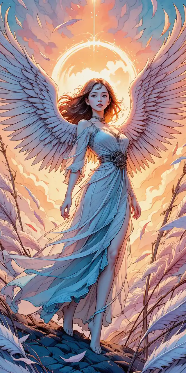 Angel woman with powerful wings in dramatic manga sky