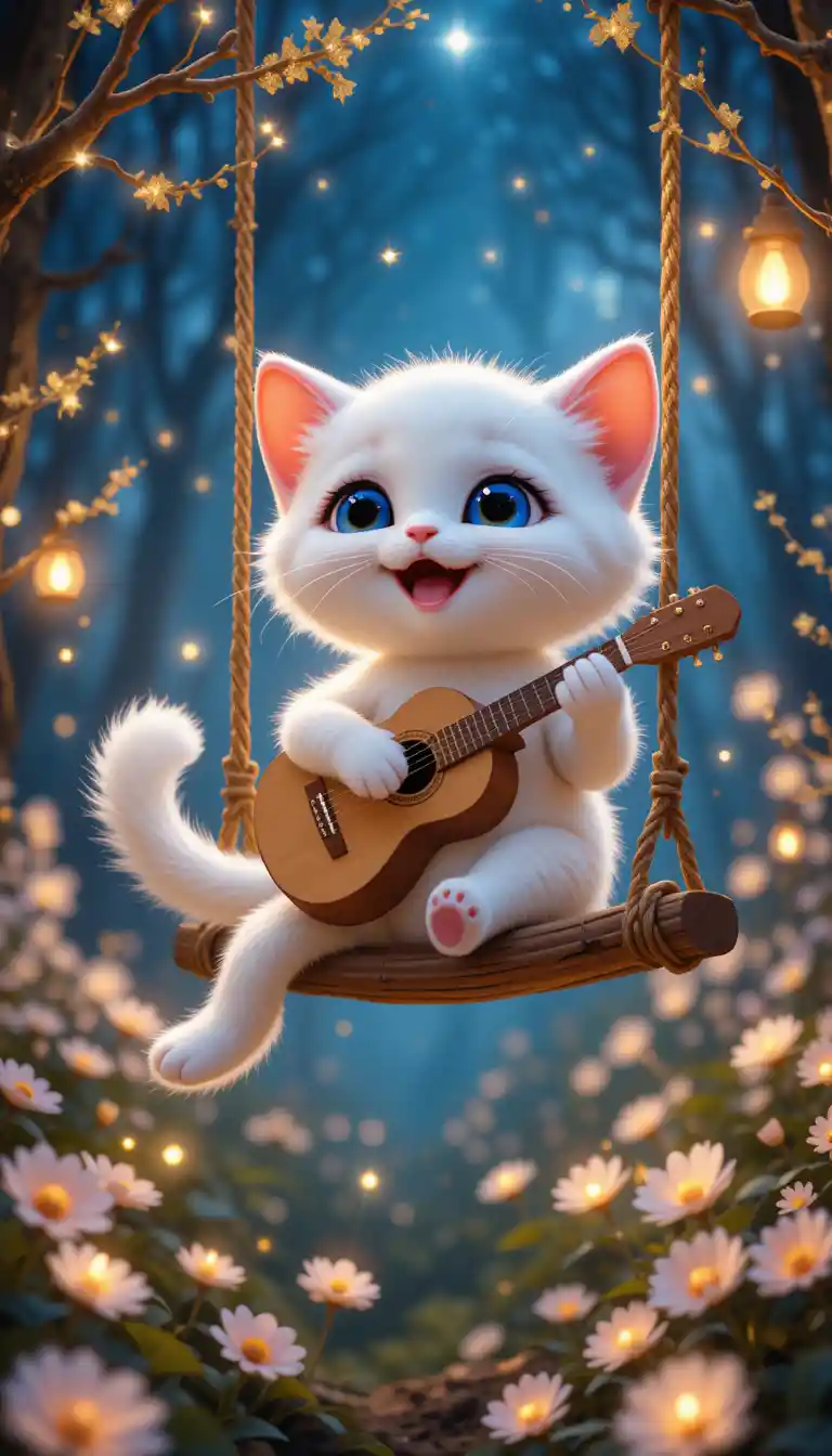Cute Cartoon Kitten Playing Guitar On Forest Swing