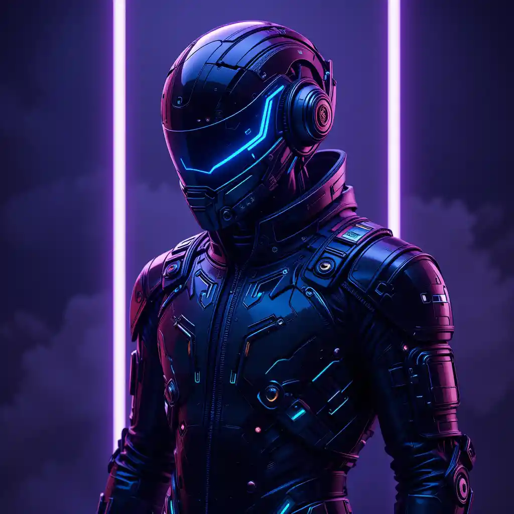 Futuristic cyberpunk armor jacket with neon helmet