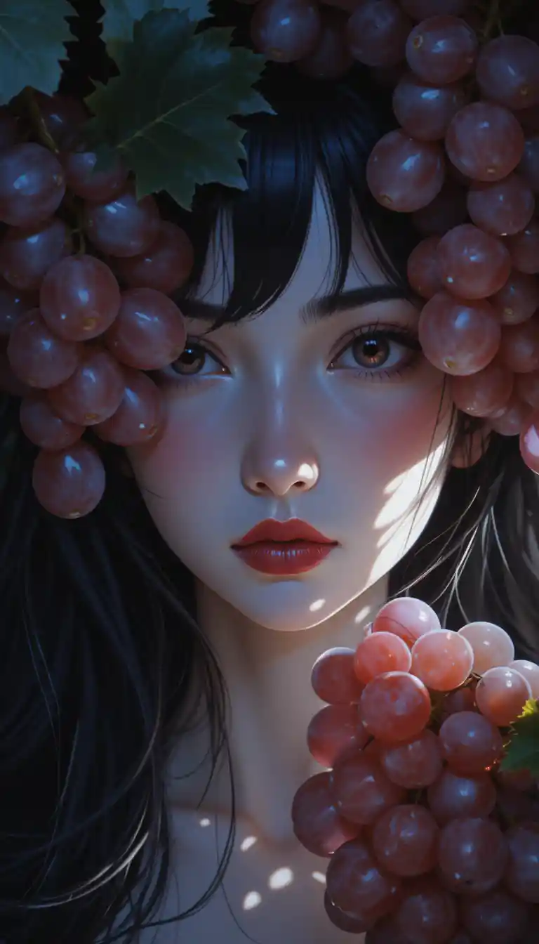 Ethereal woman with grapes emerging from dark shadows