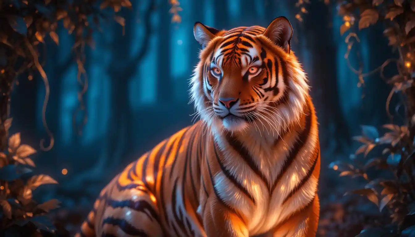 Bioluminescent tiger glowing softly in a dark forest