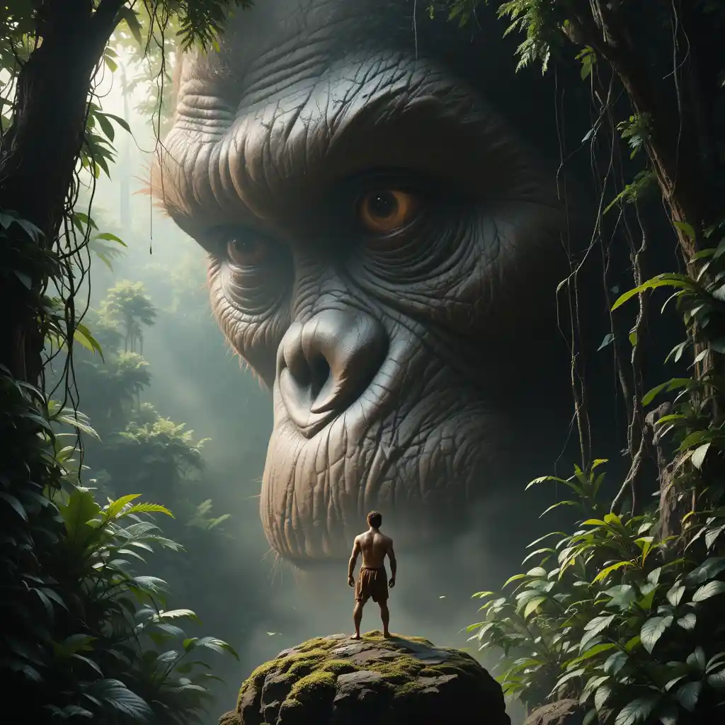 Surreal close up of a giant ape eye in jungle