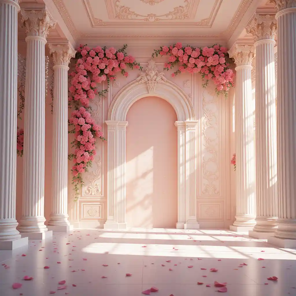 Fairytale Interior With Classical Arch And Floating Petals