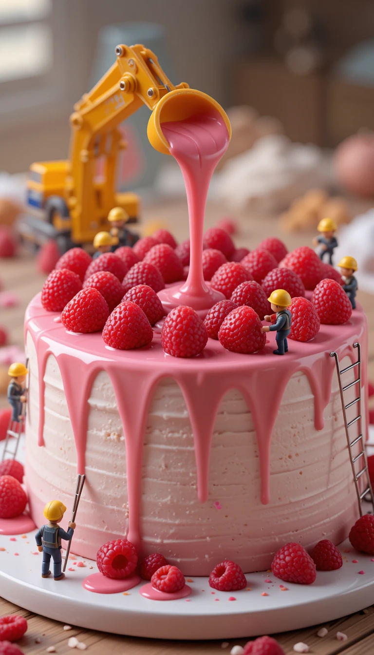 Mini trabajadores construyendo un pastel de sorbete de frambuesa en una escena de obra