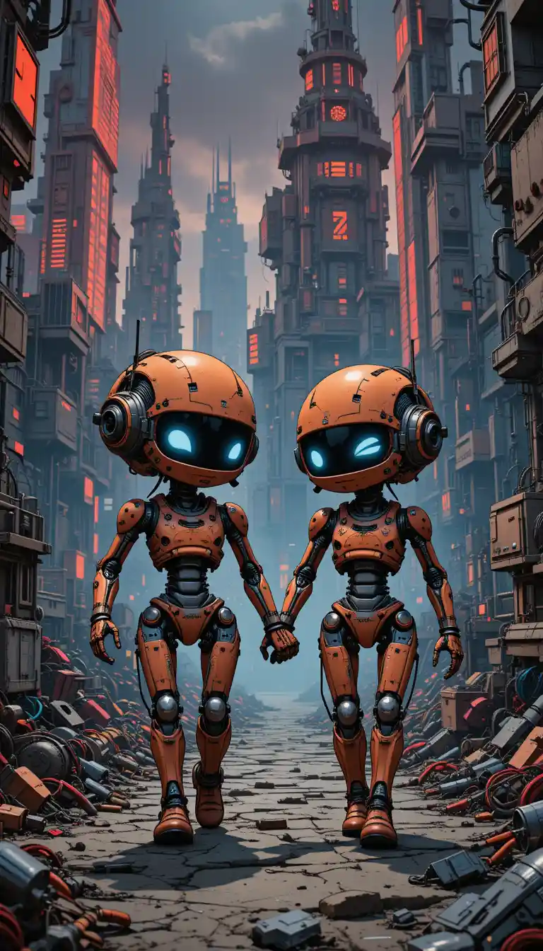 Two chibi robots walking through a futuristic ruined city
