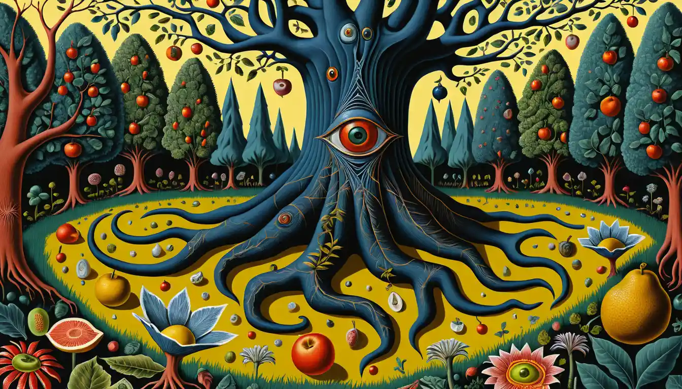 Surreal humanoid creatures devouring a mystical garden tree