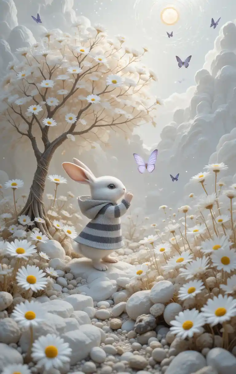 Chibi rabbit in hoodie catching a lilac butterfly