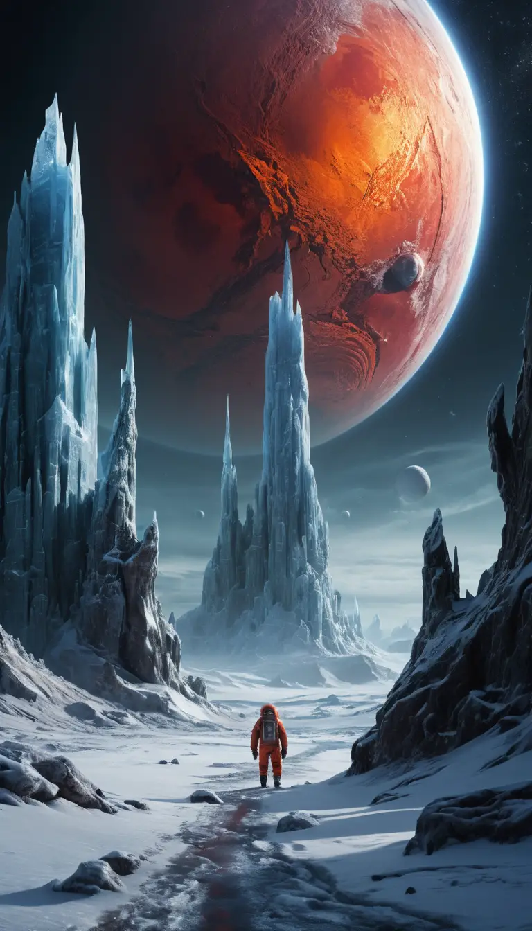 Astronaut Crossing Frozen Alien World Under Red Giant