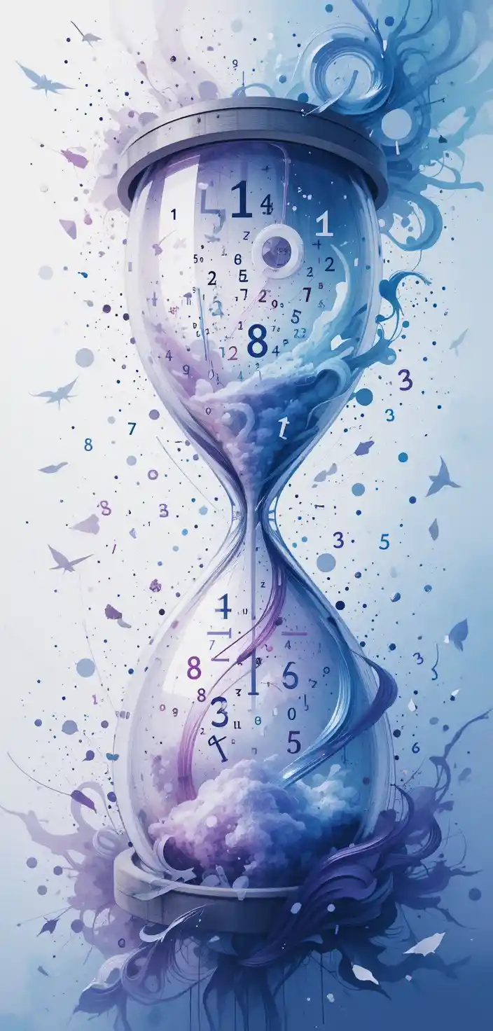 Surrealistische Aquarell-Sanduhr, gefüllt mit fliegenden Zahlen