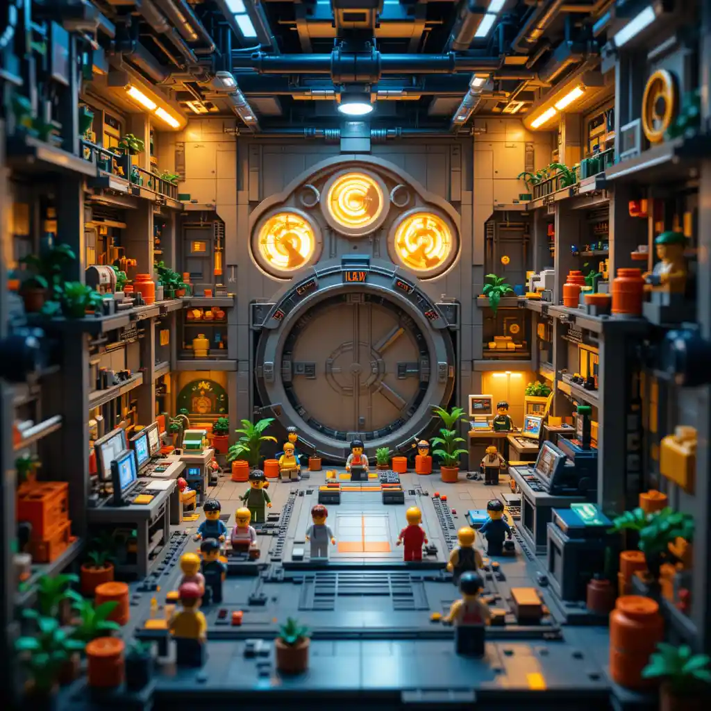 Spazio industriale futuristico in stile LEGO con area di lavoro multilivello