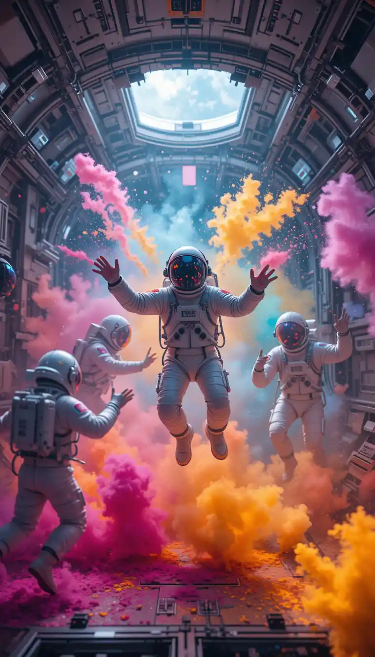 Winzige Astronauten feiern ein farbenfrohes Festival im Weltraum