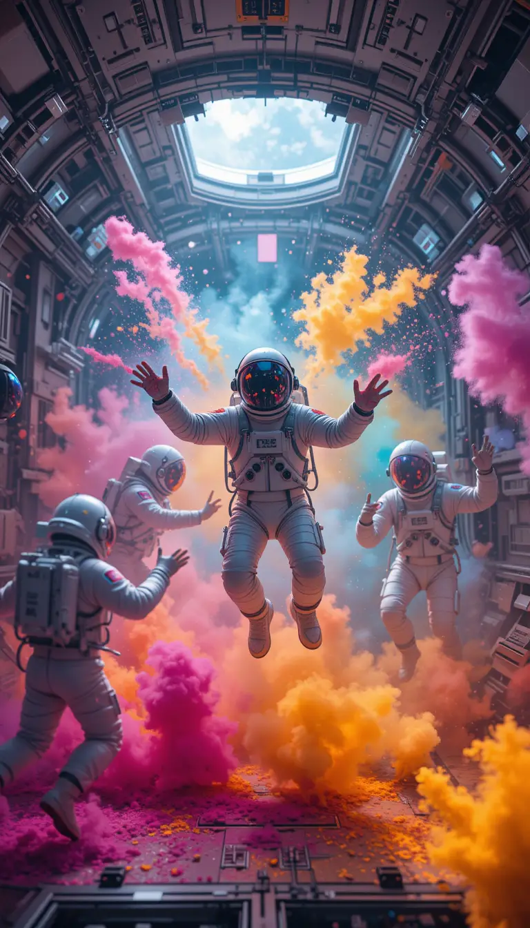 Winzige Astronauten feiern ein farbenfrohes Festival im Weltraum