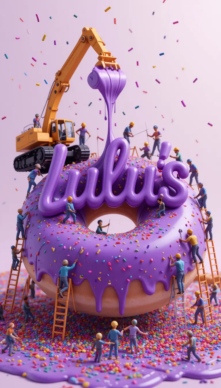 Tiny workers decorating icing on a purple donut