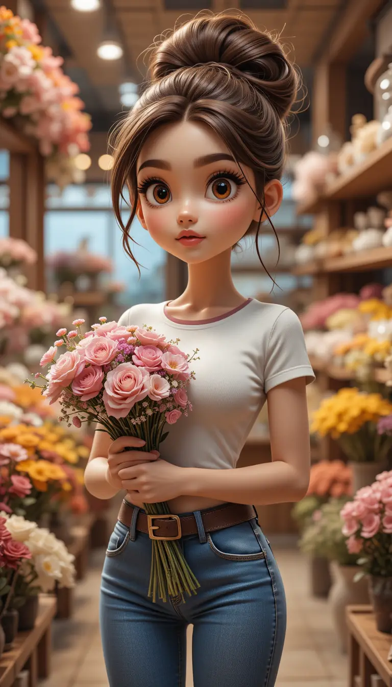 Cute 3D cartoon girl holding flowers in a shop