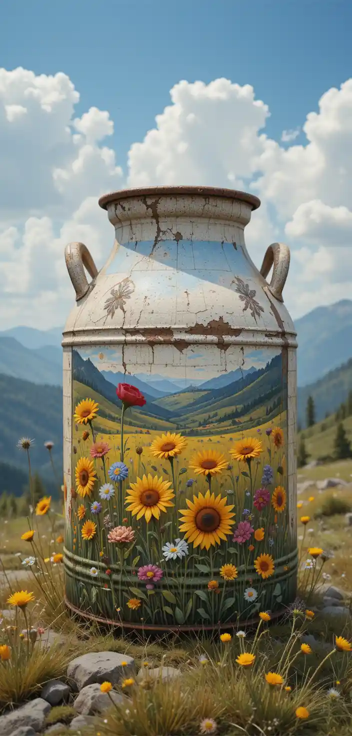 Vintage milk can with field flowers on mountain pasture
