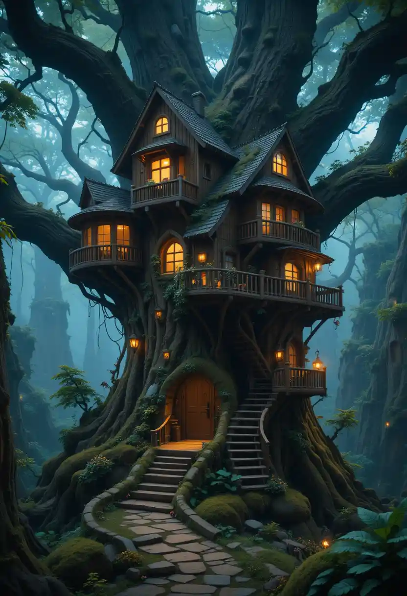 Cozy fantasy treehouse in an ancient mystical forest