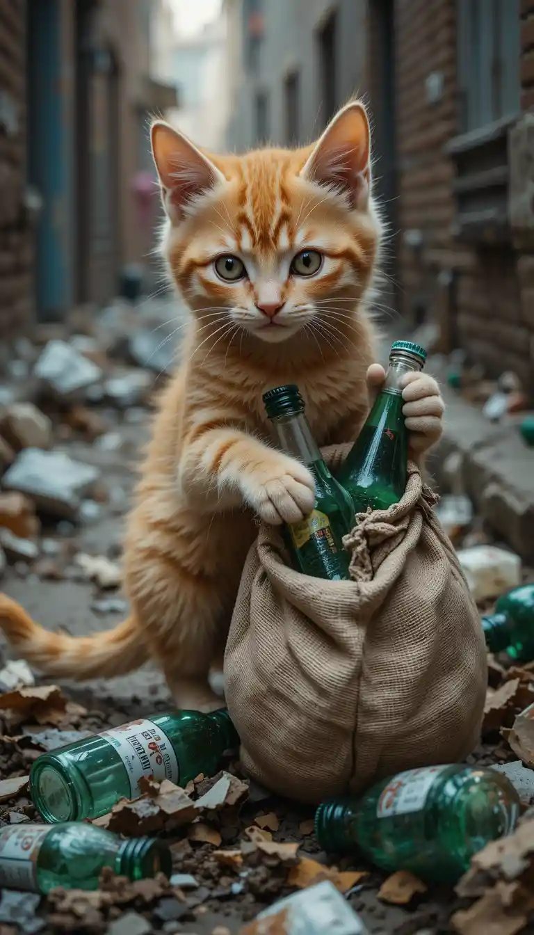 汚れた都会の路地でゴミを片付ける茶トラの子猫