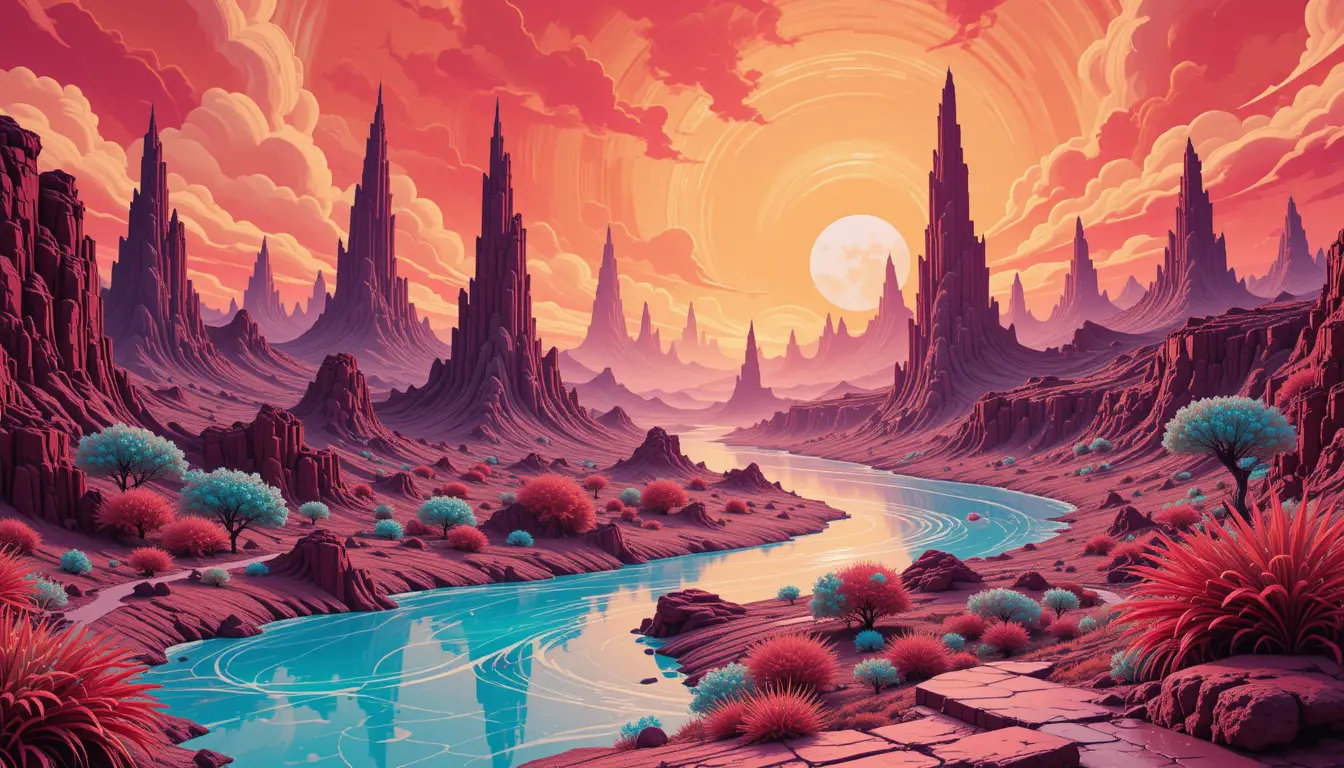 Vivid Alien River Landscape Under Psychedelic Sky