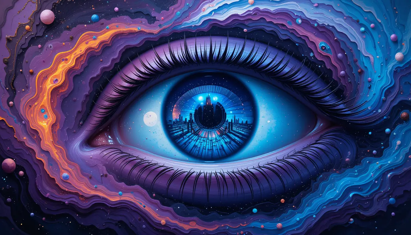 Cosmic blue eye with swirling colors and city reflection