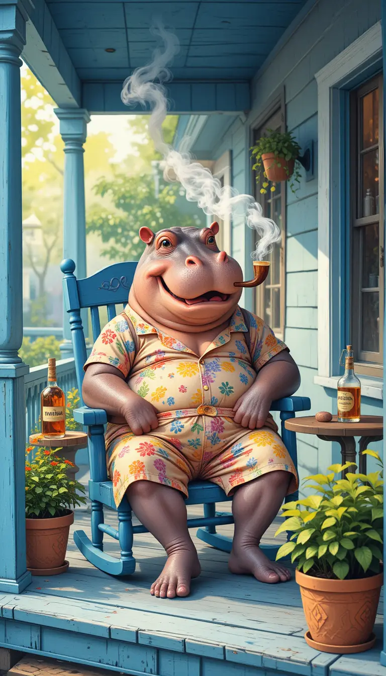 Cheerful Hippo Relaxing On A Sunny Wooden Porch