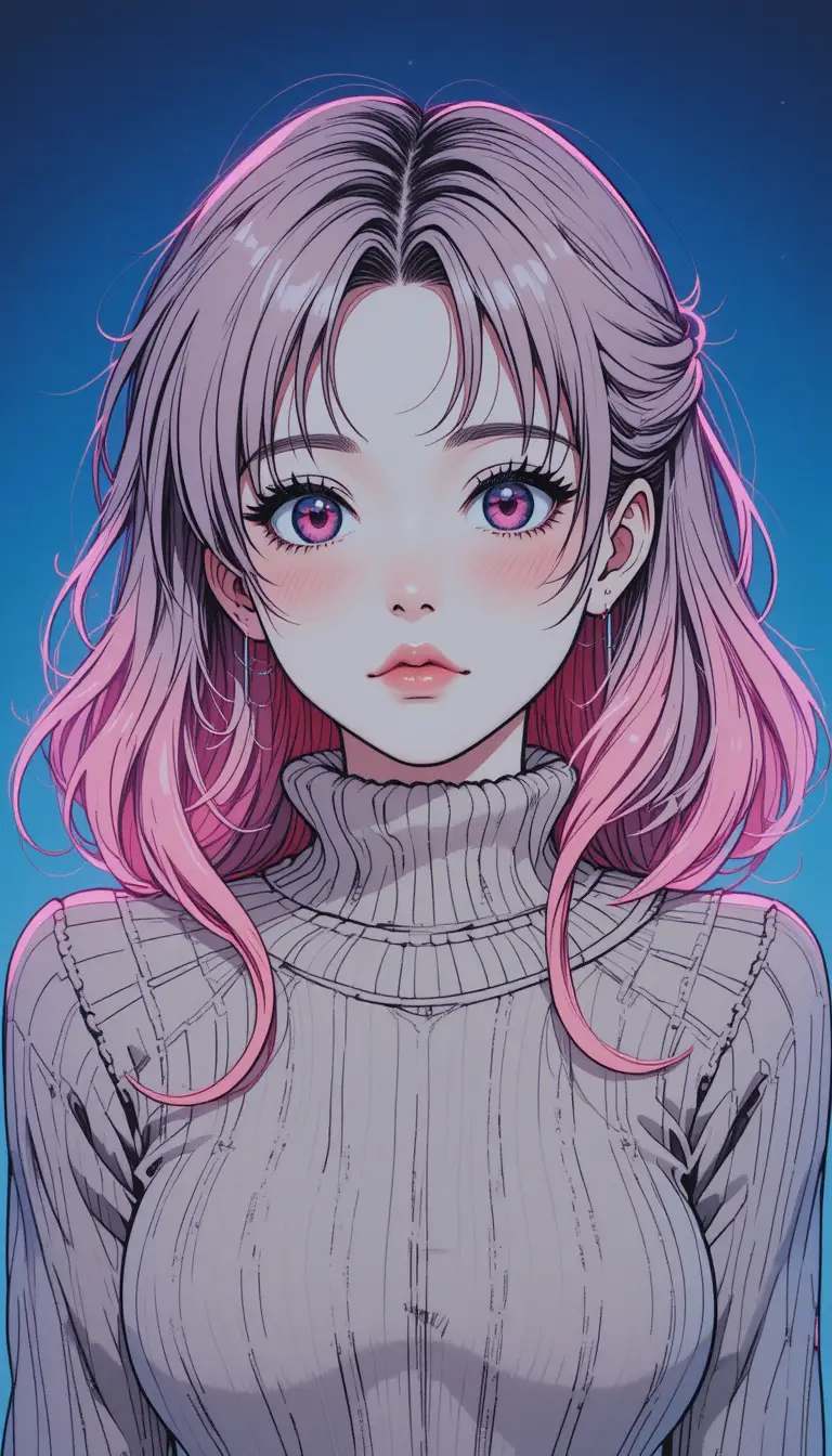 Anime girl portrait in neon glow with blue background