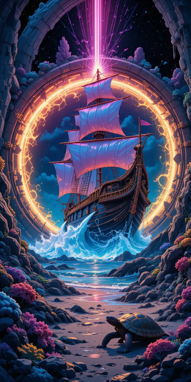 Neon Shipwreck Emerging From A Glowing Cosmic Portal