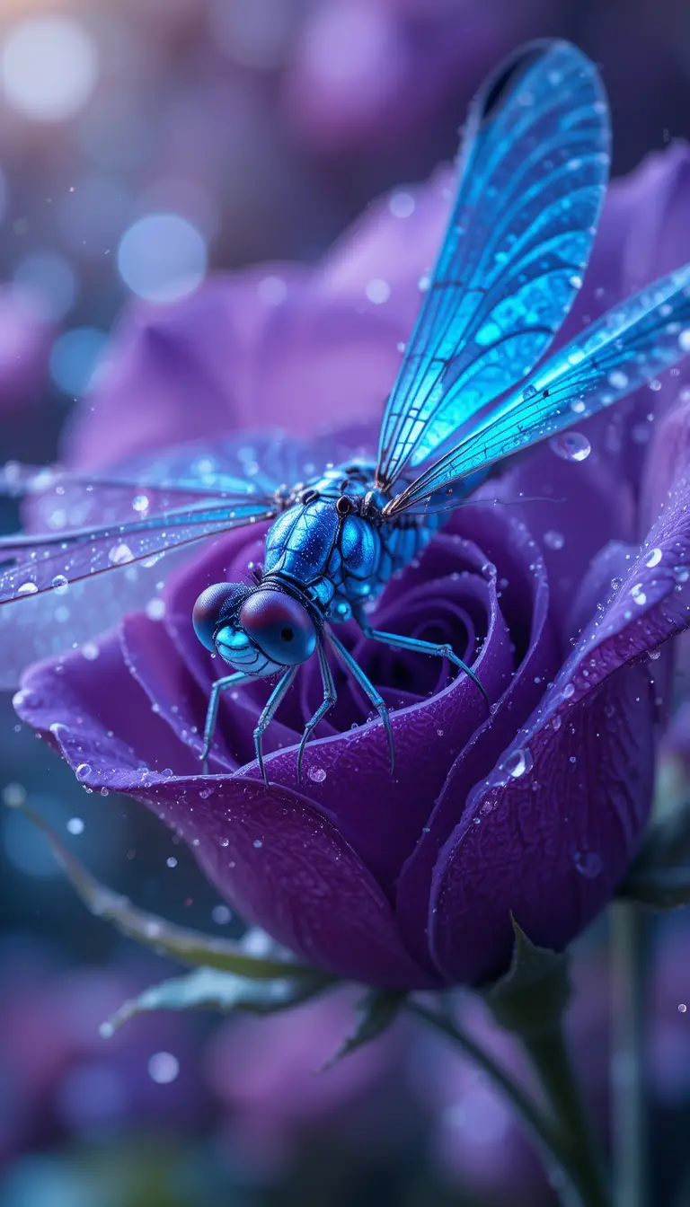 Macro dragonfly resting inside a glowing purple rose
