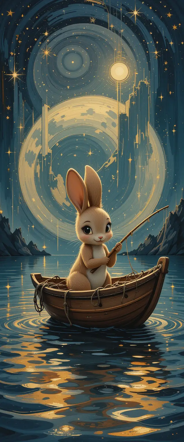 Cute cartoon rabbit fishing stars on a liquid moon