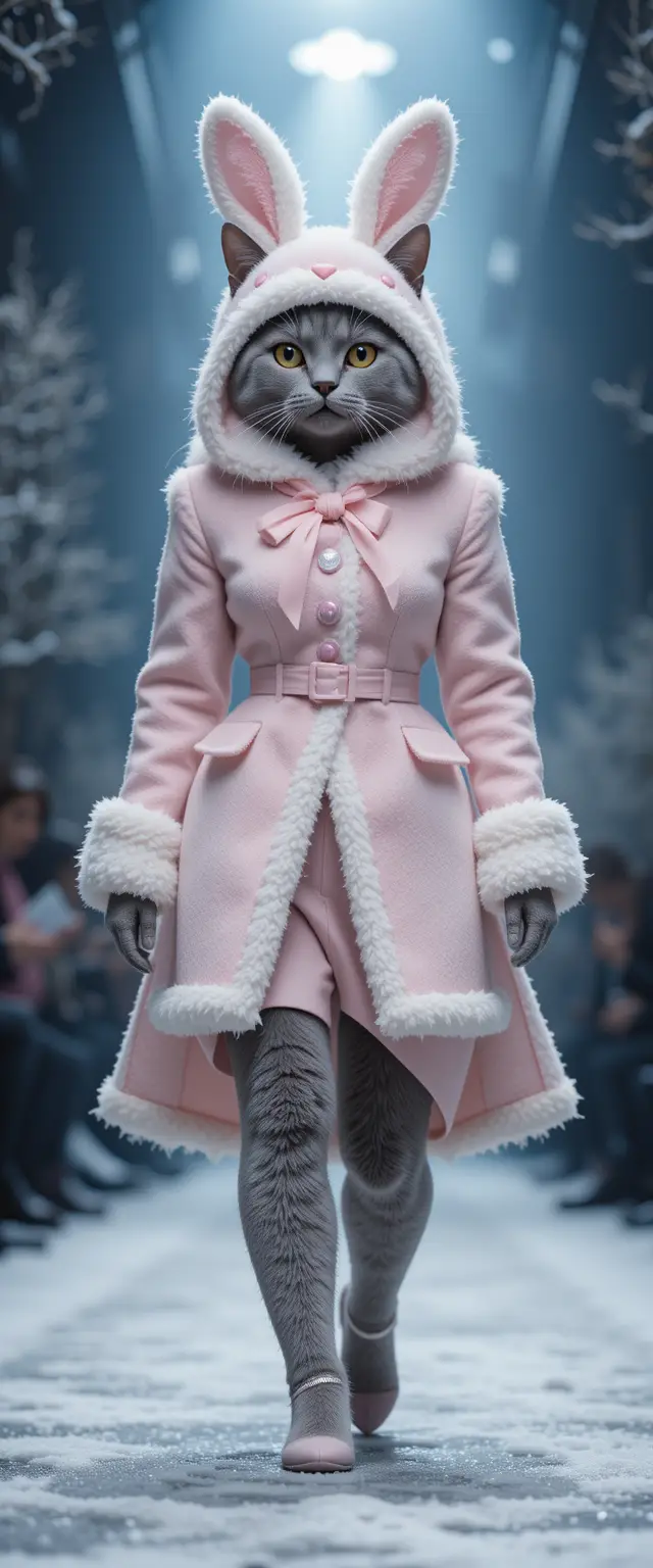 Stylish gray cat on a frosty winter fashion runway